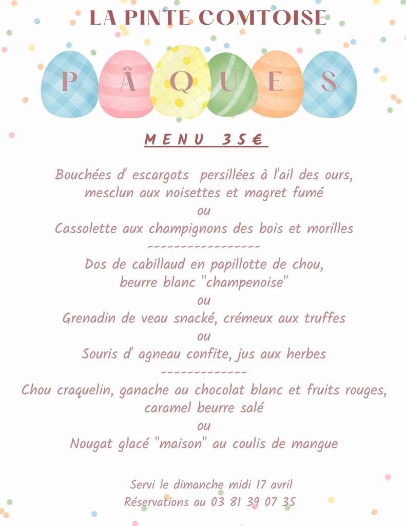 Menu de Pâques du dimanche midi 17 avril 2022 Restaurant La Pinte
