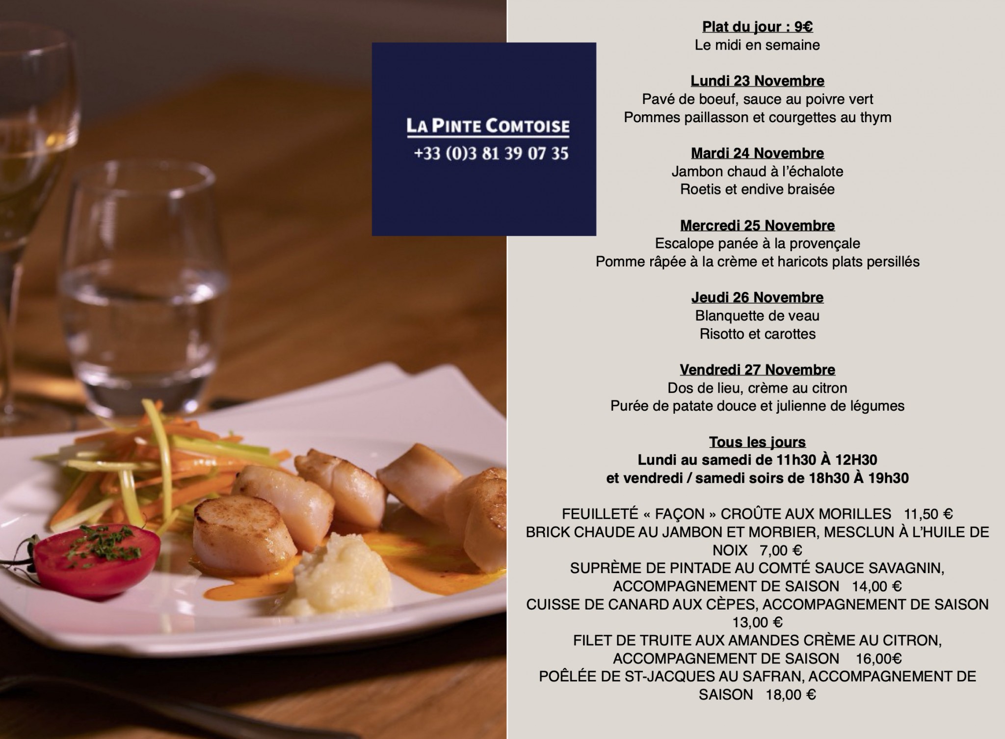 Plats du jour du 23 au 27 Novembre 2020 – Restaurant La Pinte Comtoise